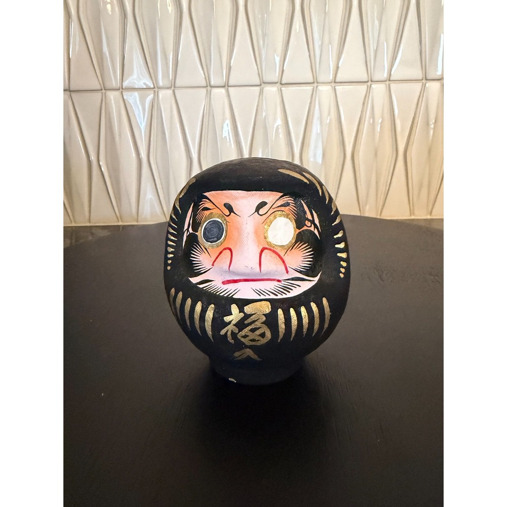MCM Japanese Black DARUMA Wish Making Doll 5" Tall - One Eye Paint Paper Mache